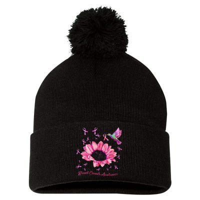 Womens Hummingbird Sunflower Pink Ribbon Breast Cancer Awareness Pom Pom 12in Knit Beanie