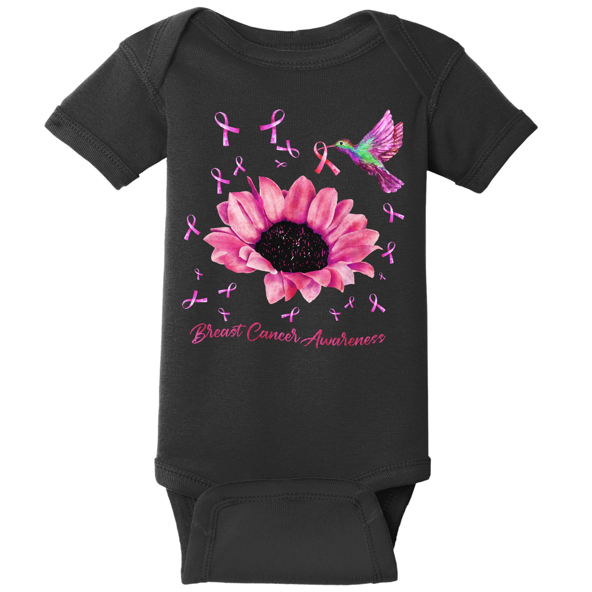 Womens Hummingbird Sunflower Pink Ribbon Breast Cancer Awareness Baby Bodysuit