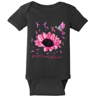 Womens Hummingbird Sunflower Pink Ribbon Breast Cancer Awareness Baby Bodysuit