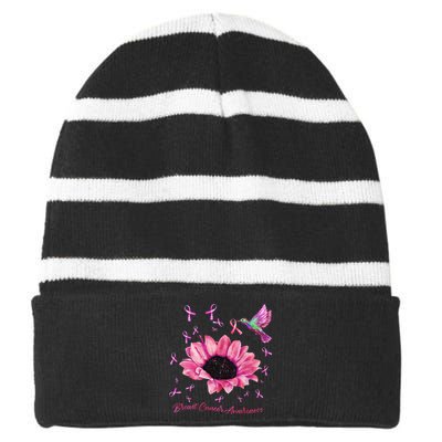 Womens Hummingbird Sunflower Pink Ribbon Breast Cancer Awareness Striped Beanie with Solid Band