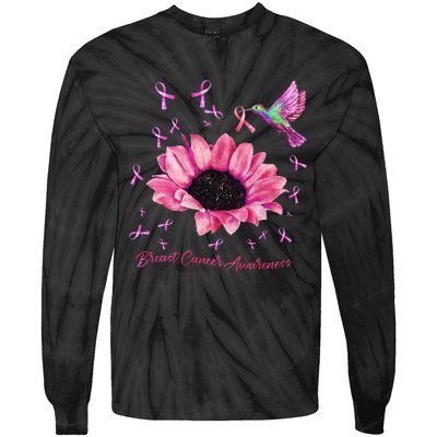 Womens Hummingbird Sunflower Pink Ribbon Breast Cancer Awareness Tie-Dye Long Sleeve Shirt