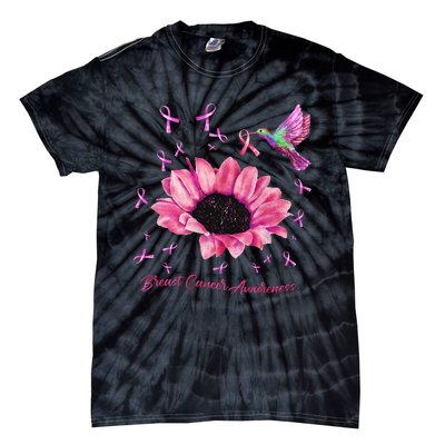 Womens Hummingbird Sunflower Pink Ribbon Breast Cancer Awareness Tie-Dye T-Shirt