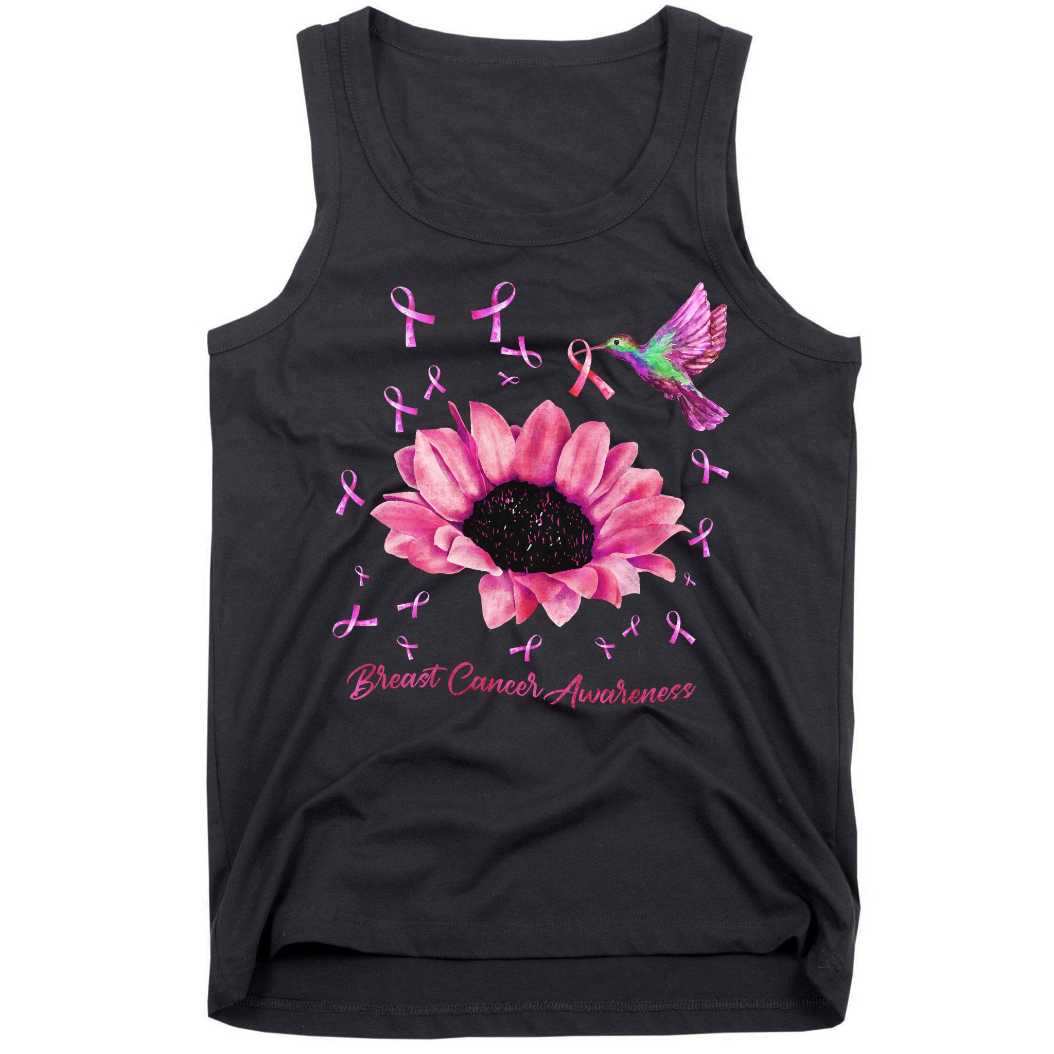 Womens Hummingbird Sunflower Pink Ribbon Breast Cancer Awareness Tank Top