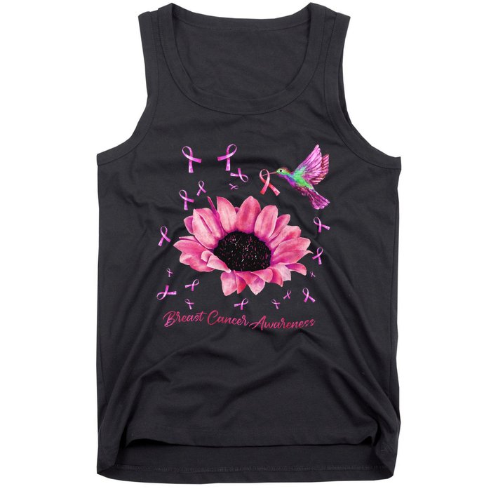 Womens Hummingbird Sunflower Pink Ribbon Breast Cancer Awareness Tank Top