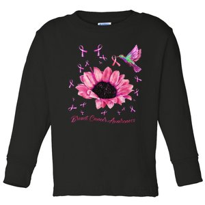 Womens Hummingbird Sunflower Pink Ribbon Breast Cancer Awareness Toddler Long Sleeve Shirt