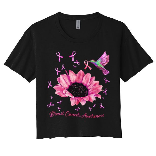 Womens Hummingbird Sunflower Pink Ribbon Breast Cancer Awareness Crop Top