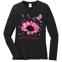 Womens Hummingbird Sunflower Pink Ribbon Breast Cancer Awareness Ladies Long Sleeve Shirt