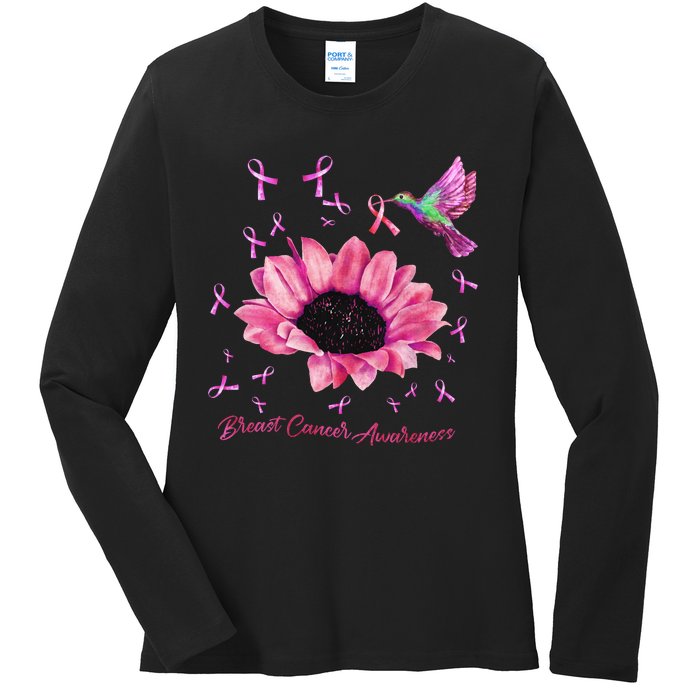 Womens Hummingbird Sunflower Pink Ribbon Breast Cancer Awareness Ladies Long Sleeve Shirt