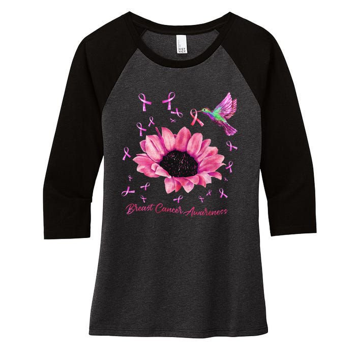 Womens Hummingbird Sunflower Pink Ribbon Breast Cancer Awareness Women's Tri-Blend 3/4-Sleeve Raglan Shirt