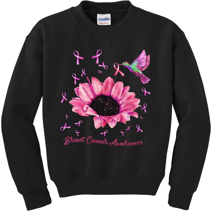 Womens Hummingbird Sunflower Pink Ribbon Breast Cancer Awareness Kids Sweatshirt