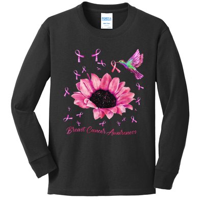 Womens Hummingbird Sunflower Pink Ribbon Breast Cancer Awareness Kids Long Sleeve Shirt