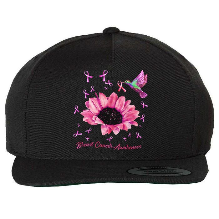 Womens Hummingbird Sunflower Pink Ribbon Breast Cancer Awareness Wool Snapback Cap