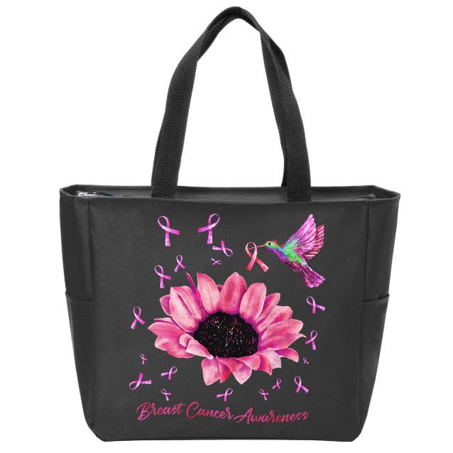 Womens Hummingbird Sunflower Pink Ribbon Breast Cancer Awareness Zip Tote Bag