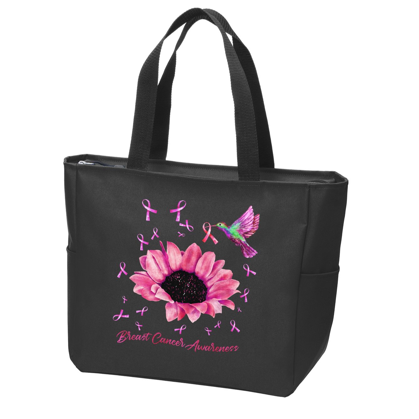Womens Hummingbird Sunflower Pink Ribbon Breast Cancer Awareness Zip Tote Bag