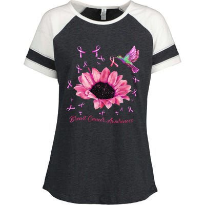 Womens Hummingbird Sunflower Pink Ribbon Breast Cancer Awareness Enza Ladies Jersey Colorblock Tee