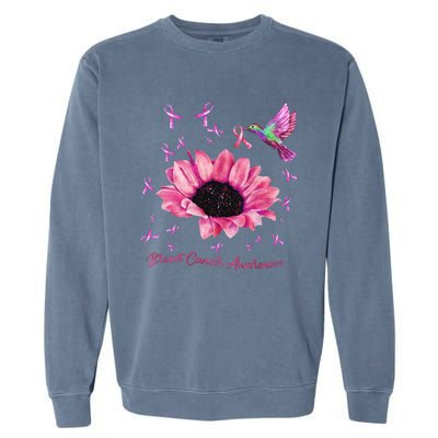 Womens Hummingbird Sunflower Pink Ribbon Breast Cancer Awareness Garment-Dyed Sweatshirt