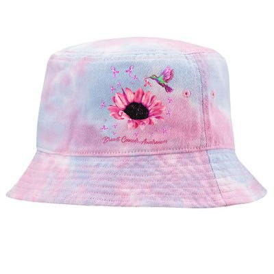 Womens Hummingbird Sunflower Pink Ribbon Breast Cancer Awareness Tie-Dyed Bucket Hat