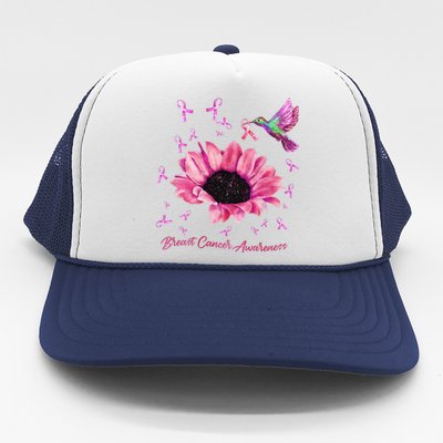 Womens Hummingbird Sunflower Pink Ribbon Breast Cancer Awareness Trucker Hat