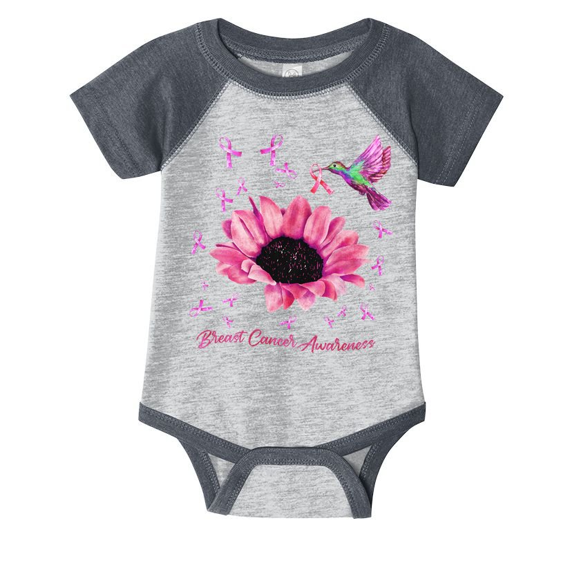 Womens Hummingbird Sunflower Pink Ribbon Breast Cancer Awareness Infant Baby Jersey Bodysuit