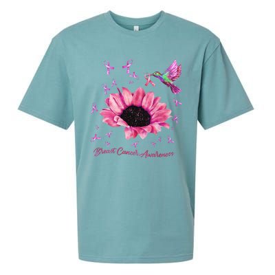 Womens Hummingbird Sunflower Pink Ribbon Breast Cancer Awareness Sueded Cloud Jersey T-Shirt