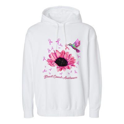 Womens Hummingbird Sunflower Pink Ribbon Breast Cancer Awareness Garment-Dyed Fleece Hoodie