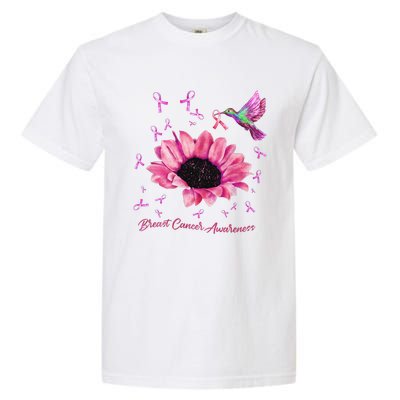 Womens Hummingbird Sunflower Pink Ribbon Breast Cancer Awareness Garment-Dyed Heavyweight T-Shirt