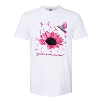 Womens Hummingbird Sunflower Pink Ribbon Breast Cancer Awareness Softstyle CVC T-Shirt