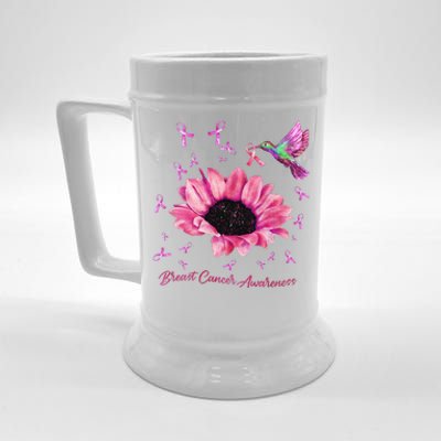 Womens Hummingbird Sunflower Pink Ribbon Breast Cancer Awareness Beer Stein