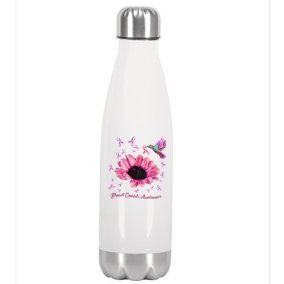 Womens Hummingbird Sunflower Pink Ribbon Breast Cancer Awareness Stainless Steel Insulated Water Bottle