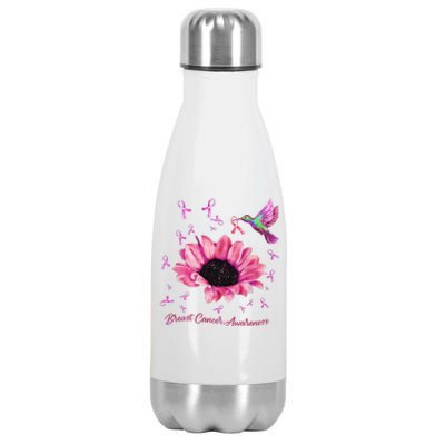 Womens Hummingbird Sunflower Pink Ribbon Breast Cancer Awareness Stainless Steel Insulated Water Bottle