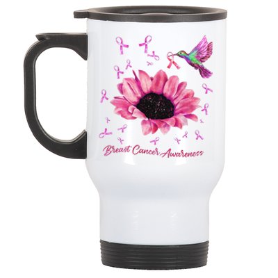 Womens Hummingbird Sunflower Pink Ribbon Breast Cancer Awareness Stainless Steel Travel Mug