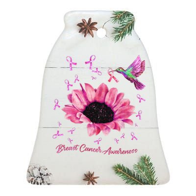 Womens Hummingbird Sunflower Pink Ribbon Breast Cancer Awareness Ceramic Bell Ornament