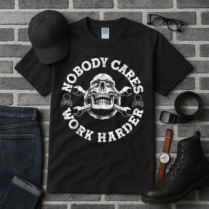 Work Harder Skull Engineer Meme No One Cares Work Harder Motivational Quote Tall T-Shirt