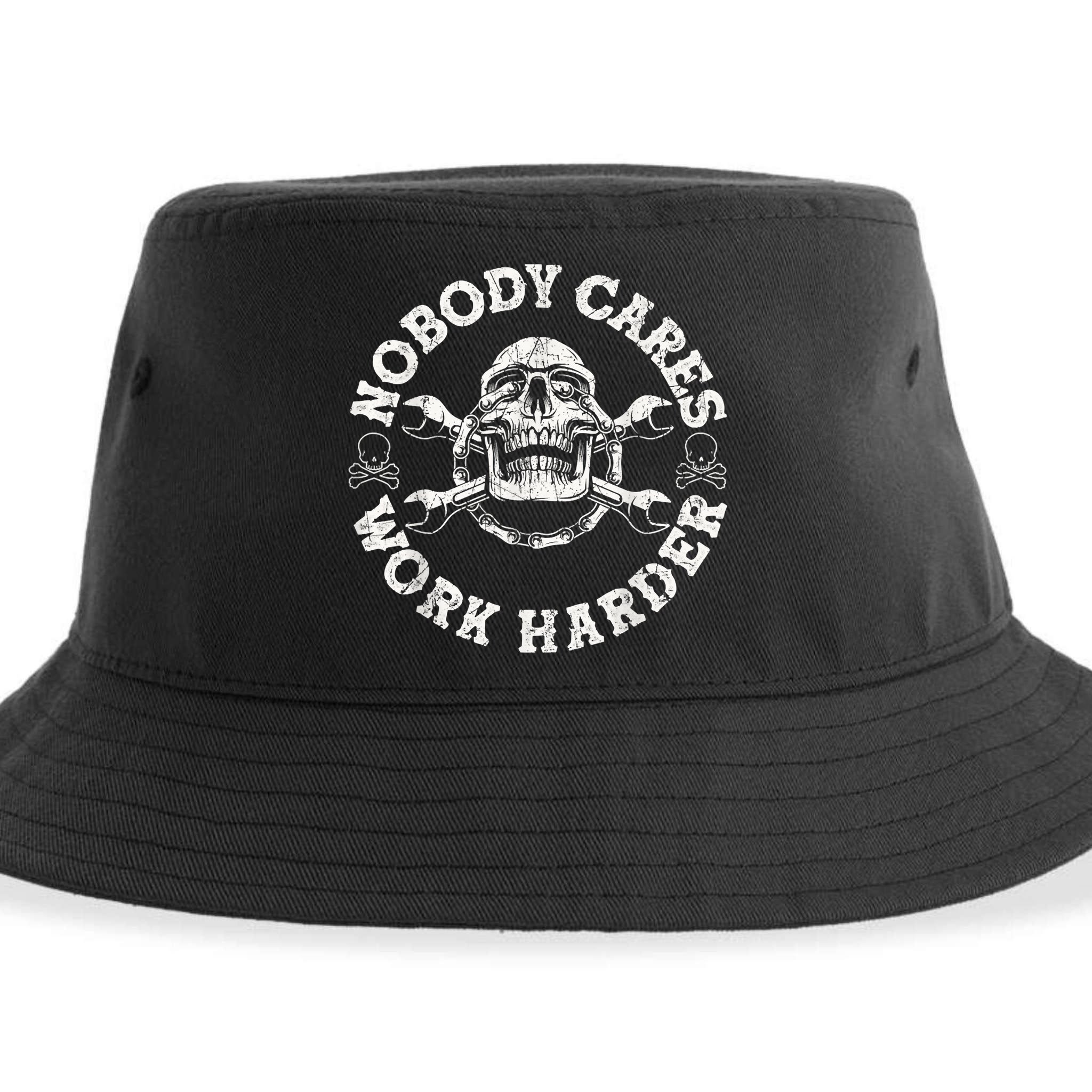 Work Harder Skull Engineer Meme No One Cares Work Harder Motivational Quote Sustainable Bucket Hat