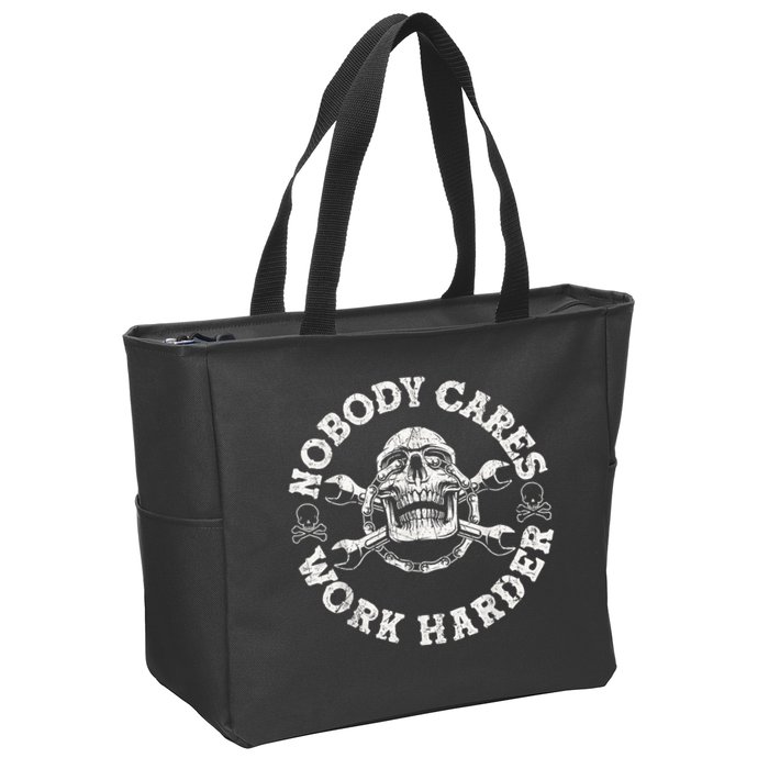 Work Harder Skull Engineer Meme No One Cares Work Harder Motivational Quote Zip Tote Bag