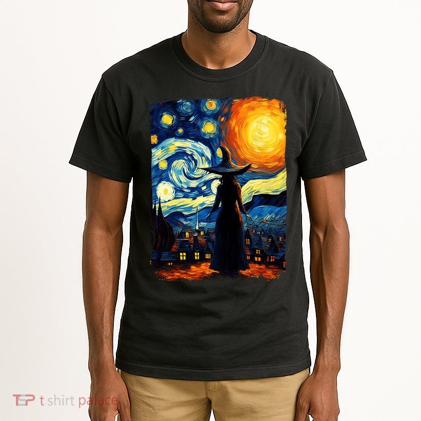 Witch Halloween Starry Night Van Gogh Aesthetic Painting Tall T-Shirt