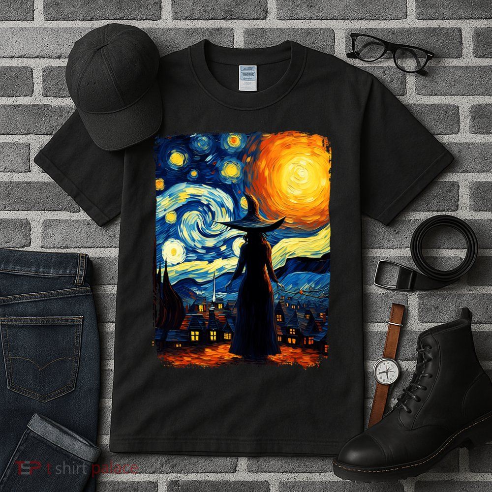 Witch Halloween Starry Night Van Gogh Aesthetic Painting Tall T-Shirt