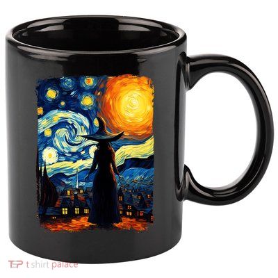 Witch Halloween Starry Night Van Gogh Aesthetic Painting 11oz C Handle Ceramic Mug