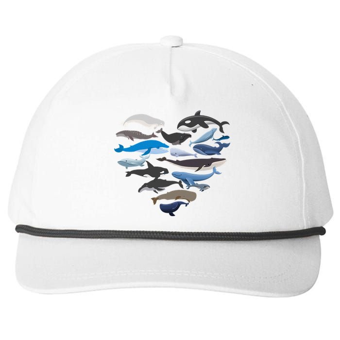 Whales Heart Shaped Marine Biologist Whale Lover Wildlife Snapback Five-Panel Rope Hat