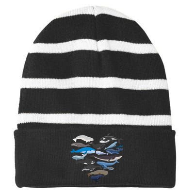 Whales Heart Shaped Marine Biologist Whale Lover Wildlife Striped Beanie with Solid Band