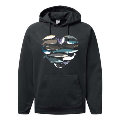 Whales Heart Shape Cute Ocean Mammals Whale Breeds Species Performance Fleece Hoodie