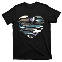 Whales Heart Shape Cute Ocean Mammals Whale Breeds Species T-Shirt