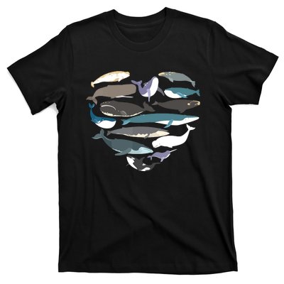 Whales Heart Shape Cute Ocean Mammals Whale Breeds Species T-Shirt