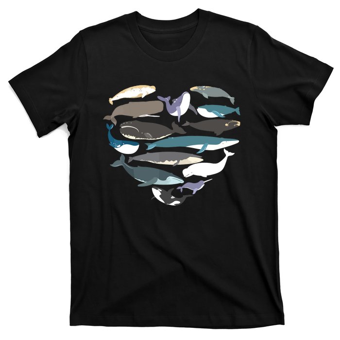 Whales Heart Shape Cute Ocean Mammals Whale Breeds Species T-Shirt