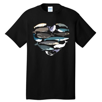 Whales Heart Shape Cute Ocean Mammals Whale Breeds Species Tall T-Shirt