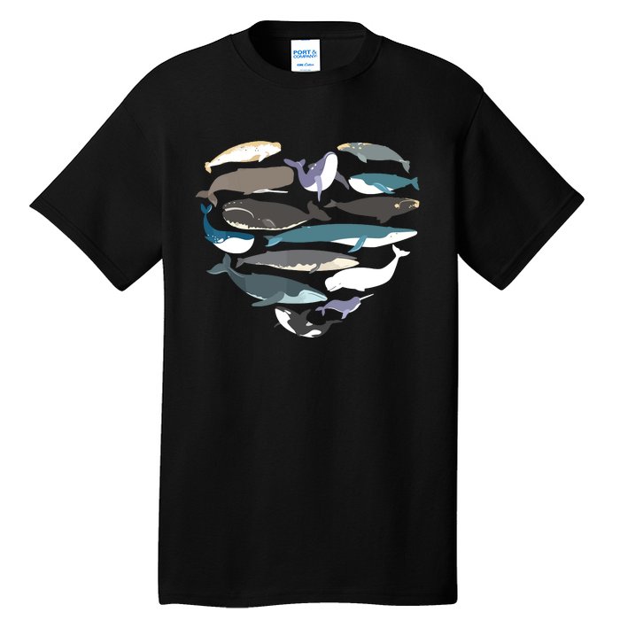 Whales Heart Shape Cute Ocean Mammals Whale Breeds Species Tall T-Shirt