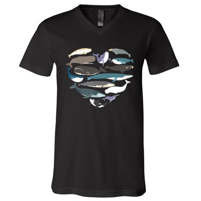 Whales Heart Shape Cute Ocean Mammals Whale Breeds Species V-Neck T-Shirt