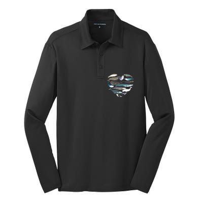 Whales Heart Shape Cute Ocean Mammals Whale Breeds Species Silk Touch Performance Long Sleeve Polo