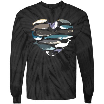 Whales Heart Shape Cute Ocean Mammals Whale Breeds Species Tie-Dye Long Sleeve Shirt