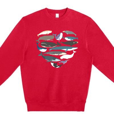 Whales Heart Shape Cute Ocean Mammals Whale Breeds Species Premium Crewneck Sweatshirt